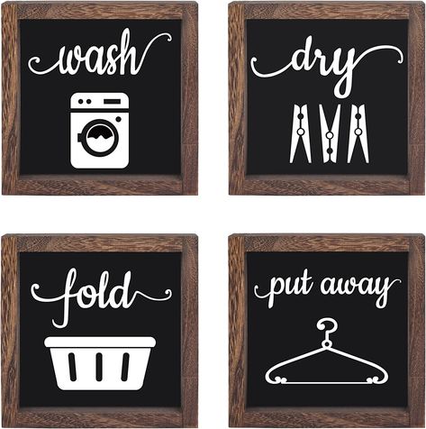 LIBWYS Laundry Sign Set of 4 Wash Dry Fold Put Away Decorative Rustic Handmade Wood Farmhouse Laundry Room Wall Decor (Black) Laundry Sayings, Laundry Room Closet Ideas, Room Closet Ideas, Laundry Room Decor Ideas, Laundry Room Organization Ideas, Small Laundry Room Makeover, Bath Sign, Laundry Room Wall Decor, Laundry Sign