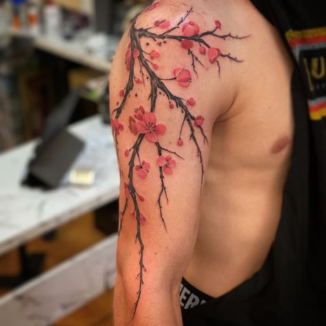 Japanese Pink Tree Tattoo, Masculine Cherry Blossom Tattoo, Tattoo Blossom Cherry, Cherry Blossom Tattoo On Shoulder, Cherry Blossom Filler Tattoo, Japanese Flower Tattoo Men, Japanese Cherry Blossom Tattoo Shoulder, Cherry Blossom Forearm Tattoo, Japanese Cherry Blossom Tree Tattoo