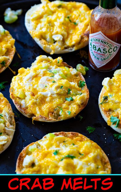 Crab Melts- a melted cheese and crab mixture on top of English muffins. Crab Melt Recipe, Crab Melts, Crab On English Muffin Recipe, Crab English Muffin Melts, Crab Melts Open Faced, Crab Melt, Crabby Patties, Crab Eggs, Crab Meat Recipes