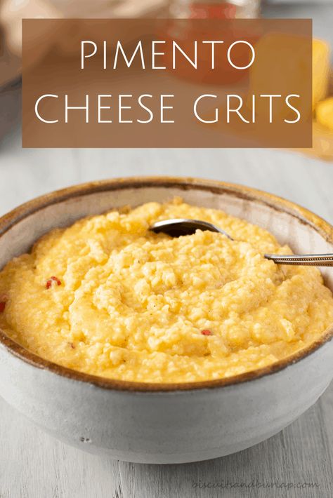 Pimento Cheese Grits Traditional Southern Breakfast, Cajun Breakfast, Pimento Cheese Grits, Hominy Recipes, Brunch Treats, Cornmeal Polenta, Cheese Grits Casserole, Grits Recipes, Potato Frittata Recipes