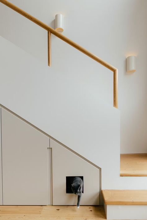 Photo 10 of 17 in Budget Breakdown: A Work-From-Home Couple Reenvision a Loft for $291K. The Office Steals the Show - Dwell Minimal Staircase, Litter Box Solutions, Cabinet Under Stairs, Bookcase Stairs, Stairs Door, Staircase Wood, Understair Storage, Space Under Stairs, Small Staircase