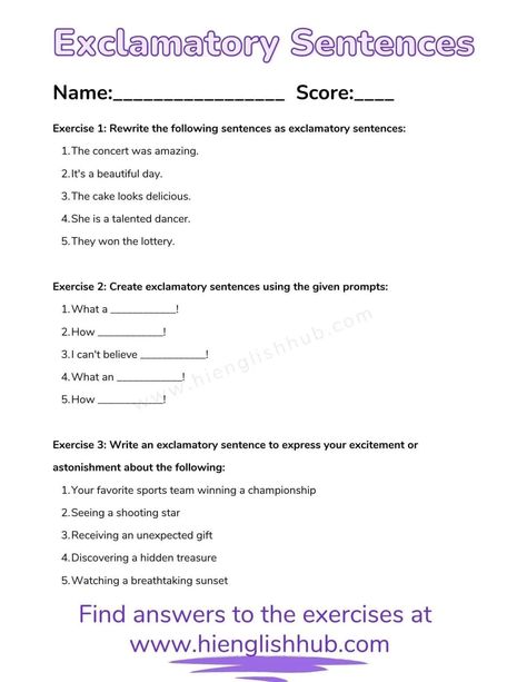 Exclamatory Sentences (Definition, Rules, And Free Worksheet) - Hi English Hub Exclamatory Sentences Worksheet, Grammar Tenses Chart, English Grammar Tenses Chart, Sentence Worksheet, Exclamatory Sentences, Tenses Chart, Grammar Tenses, English Grammar Tenses, Strong Emotions