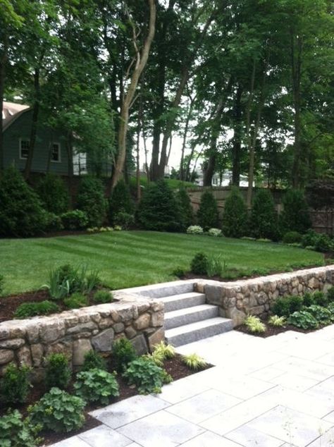 Sloped Garden Landscape Ideas, Backyard Low Retaining Wall, Boxwood On Slope, Backyard Landscaping With Retaining Wall, Leveling Front Yard Retaining Walls, Terraced Landscaping Retaining Wall, Front Yard Retaining Wall With Steps, Patio With Retaining Wall And Steps, Retaining Walls Front Of House