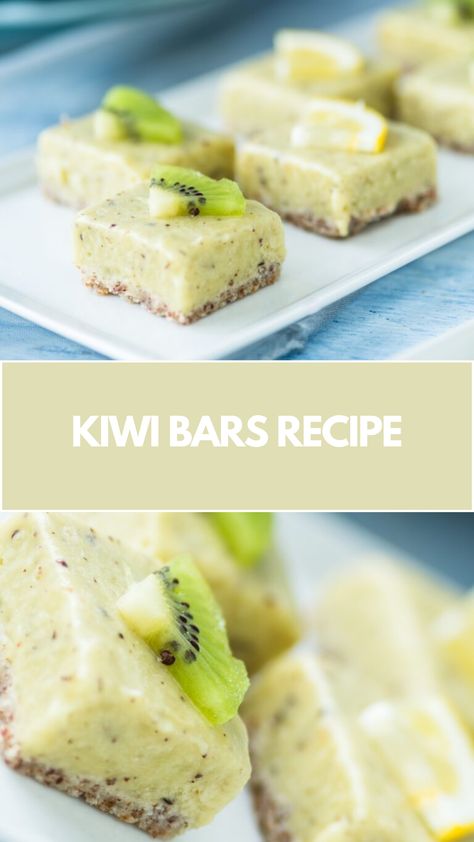 Kiwi Bars Recipe made of fresh kiwis, creamy filling, and a delicious crust this treat serves 8 and takes about 30 minutes to prepare, with some chilling time perfect for winter gatherings or a refreshing dessert. Recipes With Kiwi Fruit, Overripe Kiwi Recipes, Kiwi Dessert Recipes, Recipes With Kiwi, Kiwi Desserts, Kiwi Recipes Dessert, Kiwi Recipe, Kiwi Dessert, Vegan Bars