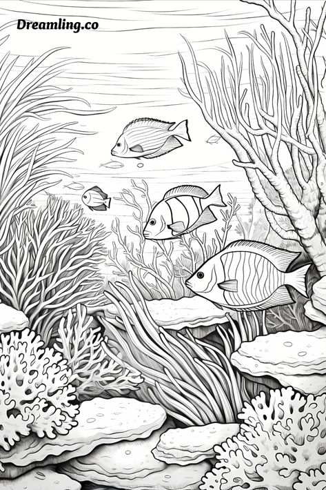 Coloring page of a scene underneath a tropical ocean Ocean Coloring Pages, Ocean Reef, Open Ocean, Ancient Myths, Online Coloring Pages, Steampunk Design, Retro Theme, Fantasy Fairy, Fantasy Dragon