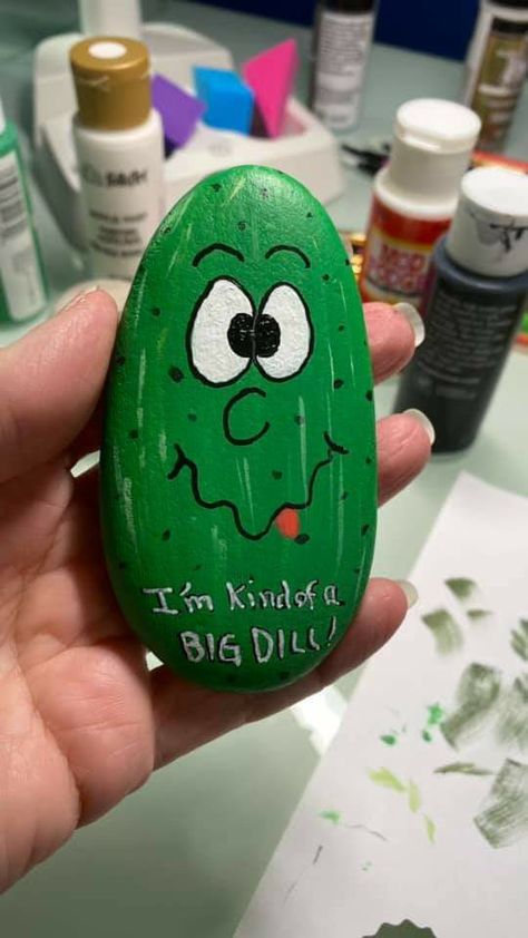 Painted Pickle Rocks, Pickle Painted Rock, Big Dill, Dill Pickles, Rock Garden, A Rock, How To Paint, Rock Painting, Rock Art