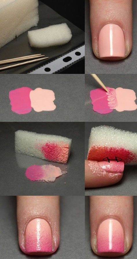 Create an ombre look with a sponge. | 19 Charts That Totally Explain How To Give Yourself A Manicure Unghie Sfumate, Unghie Nail Art, Nail Art Tutorial, Easy Nail Art, Creative Nails, Nail Tutorials, Cool Nail Art, Love Nails, Ombre Nails