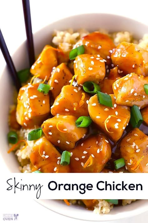 Skinny Orange Chicken Recipe | Gimme Some Oven: This tasty Skinny Orange Chicken recipe is made with a heavenly orange chicken sauce, but without all of the calories of the fried restaurant-style version. Dairy Free Egg Free Recipes, Healthy Chicken Dinners, Dairy Free Dinners, Orange Chicken Sauce, Healthy Orange Chicken, Inflammatory Diet Recipes, Chicken Sauce, Orange Chicken Recipe, Homemade Foods