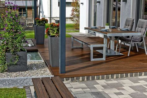 Garden Decking Ideas & Designs for Small Spaces | Trex Deck Patio Combo, Deck And Patio Combo, Small Garden Decking Ideas, Small Backyard Decks, Patio Decoration Ideas, Green Backyard, Decking Ideas, Deck And Patio, Deck Designs Backyard