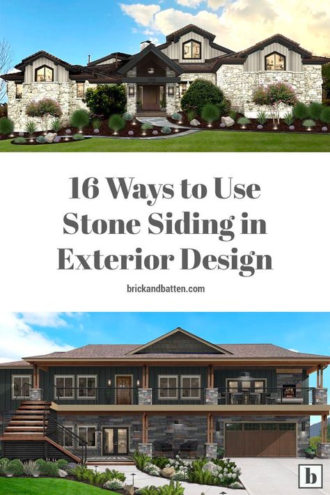 From covering the façade with stone to adding small accents, there are countless ways to incorporate stone siding into your home design. Here, we’ve rounded up 16 of our favorites. #brickandbatten #stonesiding #stoneveneer #stoneexterior #stonecladding Painted Stone House Exterior Before And After, Siding Ideas Exterior With Stone, Homes With Stone Exterior Accents, Adding Stone To Exterior Houses, Exterior Siding And Stone, House With Stone Accent Exterior, Exterior Design Brick, Front Of House Makeover, House Exterior Before And After