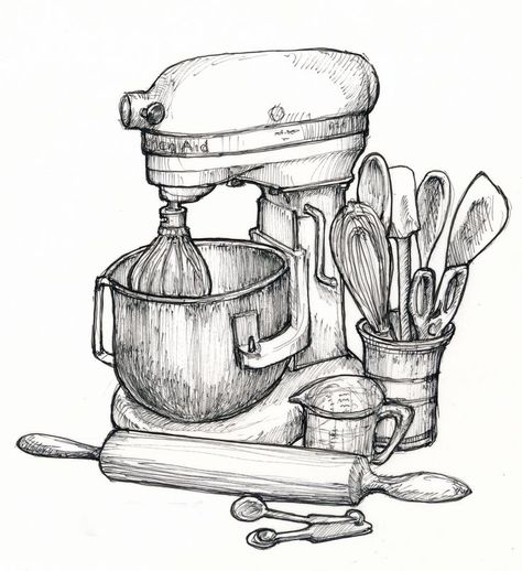 DRawing originally done for Inktober 2022 Pots And Pans Drawing, Stand Mixer Drawing, Drawing Of Pencil And Eraser, Baking Illustration Art, Cooking Art Drawing, Food Sketch Pencil, Baking Drawings, Kitchen Drawing Sketch, Baking Sketch