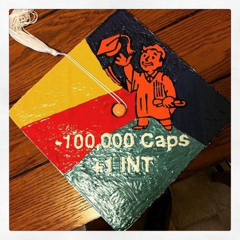 Fallout Graduation Cap Funny Graduation Caps, Caps Game, University Graduate, Grad Cap Designs, Vault Tec, Grad Caps, Cap Ideas, Graduation Funny, Graduation Caps