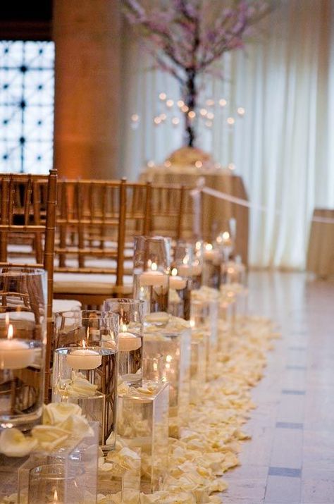 White and Gold Winter Wedding Ceremony Colin Cowie Wedding, Budget Friendly Wedding, Wedding Aisle Decorations, Indoor Ceremony, Wedding Party Invites, Aisle Decor, Unique Wedding Invitations, Wedding Aisle, Floating Candles