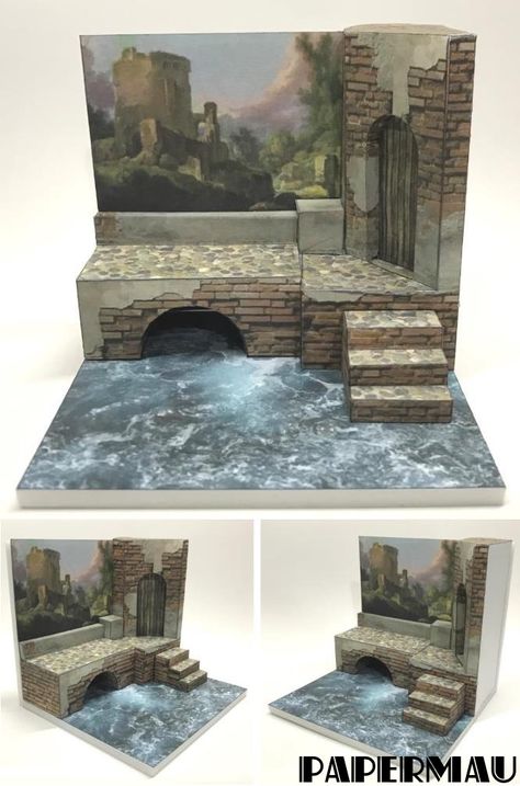 PAPERMAU: Book Nook - A Medieval Diorama Paper Model - by Papermau Download Now! Medieval Diorama, Diorama Paper, Paper Models House, Old Stone Houses, Lego Figures, Stone Bridge, Tokyo Tower, Shiga, Paper Model