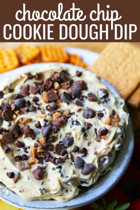 Chocolate Chip Cookie Dough Dip. A sweet cream cheese dip with chocolate chips and chocolate covered toffee bits. Perfect for parties and potlucks and always a crowd favorite! www.modernhoney.com #cookiedoughdip #chocolatechipdip #creamcheesedip #cookiedoughdip #chocolatechipcreamcheesedip #sweetappetizers Egg Free Chocolate Chip Cookies, Chocolate Chip Cookie Dough Dip, Cookie Dough Dip Recipe, Chocolate Chip Dip, Cookie Dough Dip, Sweet Dips, Cream Cheese Dips, Cookie Dough Recipes, Edible Cookies