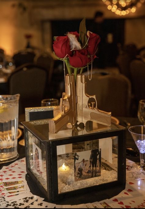 Narco Theme Centerpieces, James Bond Centerpiece Ideas, Mafia Quinceanera Theme, Narco Theme Party, Gangster Wedding Theme, Narco Theme Party Decorations, Scarface Party Theme, Buchona Party Theme, Mafia Birthday Theme