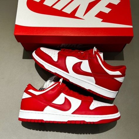 Dunk low red and white sneakers Nike Shoes Red And White, Red Shoes Nike, Red Nike Dunks, Nike Shoes Dunk Low, Red And White Shoes, Red Nikes, Red Dunks, Nike Dunk Low Red, Red And White Sneakers