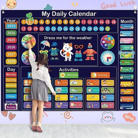 Cute activity wall calendar for kids. Great for the bedroom or the classroom. (Calendar in picture shown larger than actual calendar. See size in description.) Circle Time Area, Calendar For Classroom, Classroom Circle Time, Toddler Calendar, Room Bulletin Board, Baby Activities 1 Year, 1st Birthday Girl Dress, Homeschool Room Decor, Preschool Calendar