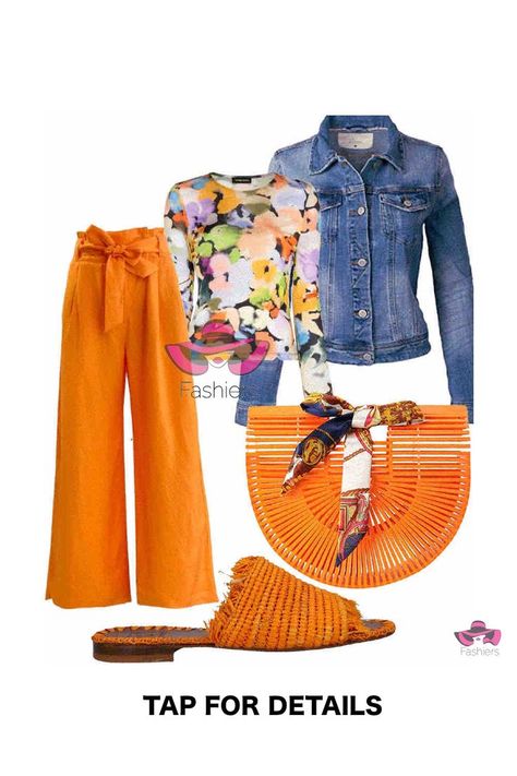 Spring casual style! orange paper bag belted wide leg pants with floral sheer top orange strae tote bag denim jacket and orange flat sandals #flatshoes #widelegpants #denimjacket #beachbags #strawbag #casualoutfits #casualstyling #casualstyle Orange Wide Leg Pants Outfit, Orange Wide Leg Pants, Orange Flats, Wide Leg Pants Outfit, Orange Paper, Sheer Floral Top, Teacher Style, Fashion Styling, Fashion App