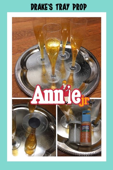 Annie Jr. Prop - Drake's Tray   Gallery Glass and clear glitter with Magnetic bottoms to stay put on metal tray. Annie Jr Props, Annie Jr Set, Annie Jr Set Design, Newsies Props, Annie Props, Annie Play, Theatre Tech, Annie Costume, Annie Jr