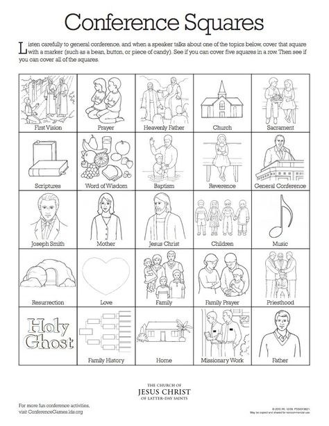 LDS general conference squares Lds Conference Activities, Conference Bingo, General Conference Activities For Kids, Lds General Conference Activities, General Conference Packets, General Conference Activities, Follow The Prophet, Lds Conference, Activity Day Girls