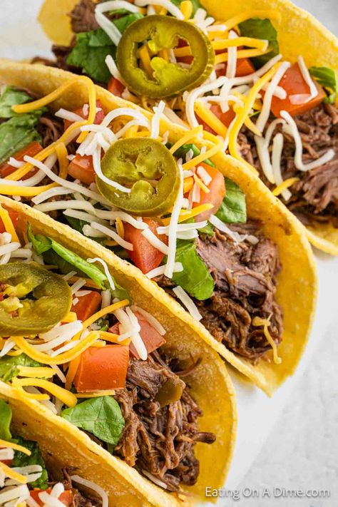 Crock pot Shredded Beef Tacos Crock Pot Shredded Beef, Best Shrimp Taco Recipe, Crock Pot Beef Tips, Shredded Beef Tacos, Beef Tacos Recipes, Crock Pot Beef, Beef Tacos, Potted Beef, Pizza Recipes Easy