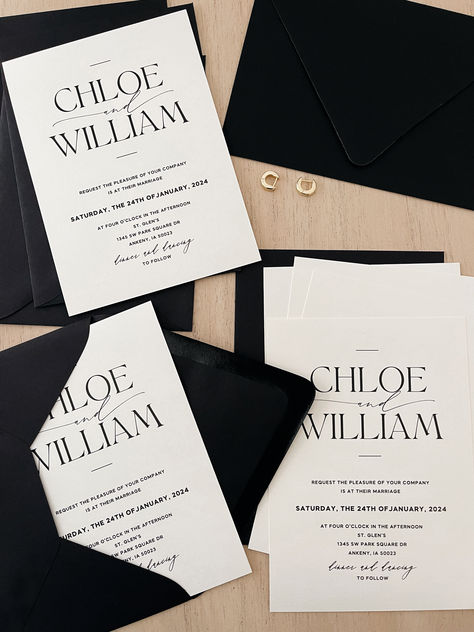 Timeless Elegance, Your Way! 🖤🤍 Our black and ivory wedding invitation suite, featuring a modern font and customizable details, sets the stage for your special day. Explore the perfect blend of sophistication and personalization. Your dream wedding starts here! 💍✨ Black And White Wedding Invitations Classy, Wedding Invite Minimalist, Wedding Invite Set, Black Wedding Envelopes, Black And White Invitations Wedding, Black Wedding Invitations Classy, Black And White Wedding Theme Classy, Black Wedding Invites, Black And White Wedding Invites