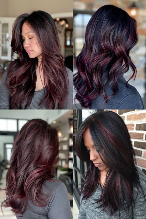 Cherry Black Balayage, Black Hair With Black Cherry Highlights, Cherry Red Balayage On Black Hair, Black Cherry Hair Color Balayage, Black Cherry Hair Color With Highlights, Black Hair With Lowlights, Dark Cherry Hair Color, Highlights Braids, Dark Cherry Hair