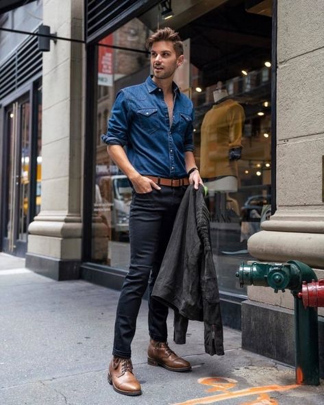 50 Cool Black Pants With Brown Shoes Outfits For Men - Fashion Hombre Black Pants With Brown Shoes, Black Jeans Brown Shoes, Black Pants Brown Boots, Denim Shirt Black Jeans, Cool Black Pants, Black Jeans Brown Boots, Black Pants Brown Shoes, Blue Shirt Black Pants, Black Dress Pants Outfits