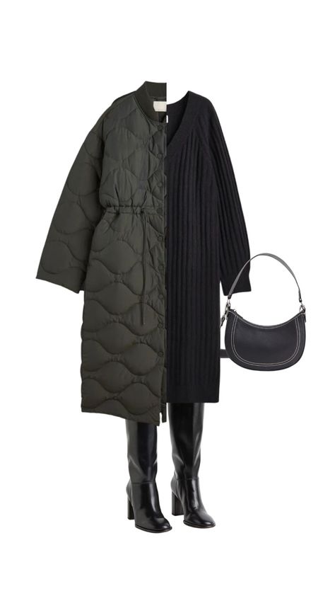 Dark green quilted coat styled over black knit dress with black knee high boots and black bag. Quilted Coat Outfit, Outfit For Autumn, Outfit Boards, H M Outfits, Coat Outfit, Bag Shop, Quilted Coat, Coat Outfits, Black Bag