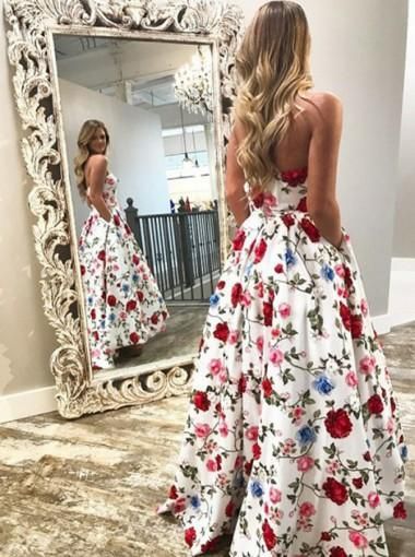 9aa42b31882ec039965f3c4923ce901bdesc41907227ri Prom Dress With Pockets, Vestido Charro, Floral Print Prom Dress, Printed Prom Dresses, Formal Ball Gown, Floral Prom Dresses, Floral Party Dress, High Low Prom Dresses, Dresses With Pockets