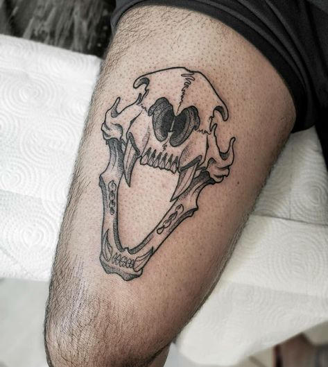 Feline Skull Tattoo, Animal Skull Knee Tattoo, Bear Skeleton Tattoo, Cat Jaw Bone Tattoo, Sabertooth Tiger Skull Tattoo, Coyote Skull Tattoo, Paleontology Tattoo, Animal Bones Tattoo, Bat Skull Tattoo