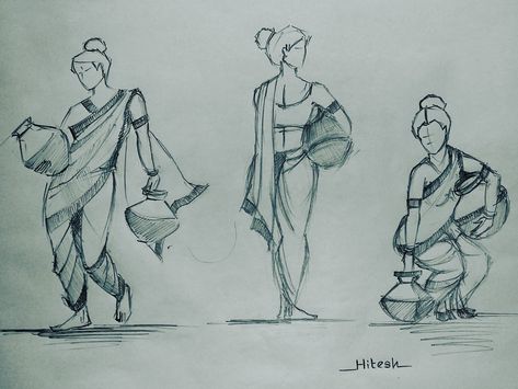 Composition Figure Drawing, Human Figure Drawing Easy, Memory Drawing Figures, Easy Human Figure Drawing, Human Composition Drawing, Easy Figure Drawing, Simple Figure Drawing, Aalekhan Drawing, Memory Sketch