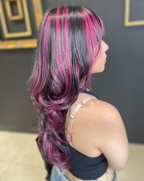 Serving Y2K vibes with these pink chunky highlights 💗✨ Ready to add a fun color to your style ? 🌈 Click the link to book your next hair appointment with me today! 🔗 #y2kaesthetic #pinkchunkyhighlights #fyp #mcallenhairstylist Chunk Dyed Hair, Chunky Dyed Hair, Purple Chunky Highlights, Pink And Silver Hair, Multi Color Highlights, Pink Chunky Highlights, Colorful Highlights, Hair With Pink Highlights, Chunky Highlights