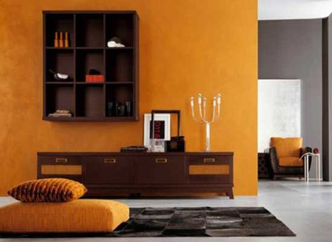 22 Modern Interior Design Ideas Blending Brown and Orange Colors into Beautiful Rooms Mustard Living Rooms, Ethnic Living Room, Wooden Living Room Furniture, Design Interior Modern, Furniture Shelves, Grey Wall Color, Indian Living Rooms, Living Room Color Schemes, Dark Furniture