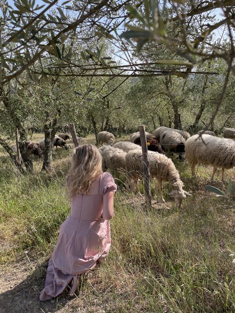 Girl in purple house of cb dress crouching down in the grass in the Italian countryside of Tuscany. She’s by a fence with sheep on the other side. Italian Cottage Aesthetic, Italian Countryside Aesthetic, Italian Countryside House, Italian Cottage, Cottage Core Cottage, Italian Farm, Character Challenge, Italy Spring, Countryside Aesthetic