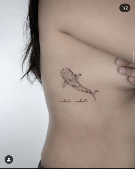 Simple Whale Tattoo Design, Whale Shark Tattoo Placement, Whale Shark Tattoo Ribs, Whale Shark Rib Tattoo, Cute Whale Shark Tattoo, Wale Shark Tattoos, Whale Shark Tattoo Ideas, Shark Underboob Tattoo, Whale Shark Spine Tattoo