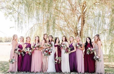 Red Pink Purple Wedding Bridesmaid Dresses, Pink Purple And Red Wedding, Dark Purple And Pink Wedding Theme, Pink And Purple Bridesmaids, Pink And Purple Bridesmaid Dresses, Camp In The Woods, Bridesmaid Dresses Different Colors, Red And Purple Wedding, Pink And Purple Wedding