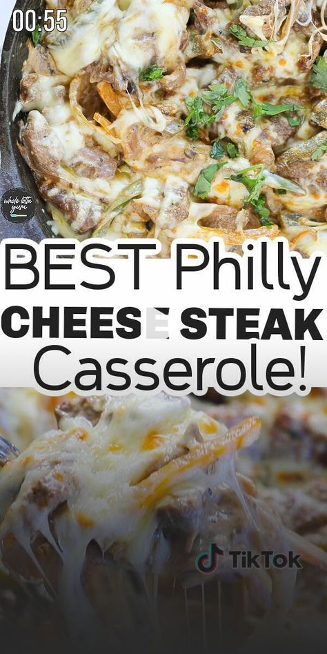 The BEST Philly cheese steak casserole recipe! Looking for Philly cheese steak recipes Be sure to try... Philly Cheese Steak Recipes, Cheese Steak Recipes, Cheese Steak Casserole, Philly Cheese Steak Casserole Recipe, Best Philly Cheesesteak, Dinner Noodles, Steak Casserole, Philly Cheese Steak Casserole, Cheesesteak Stuffed Peppers