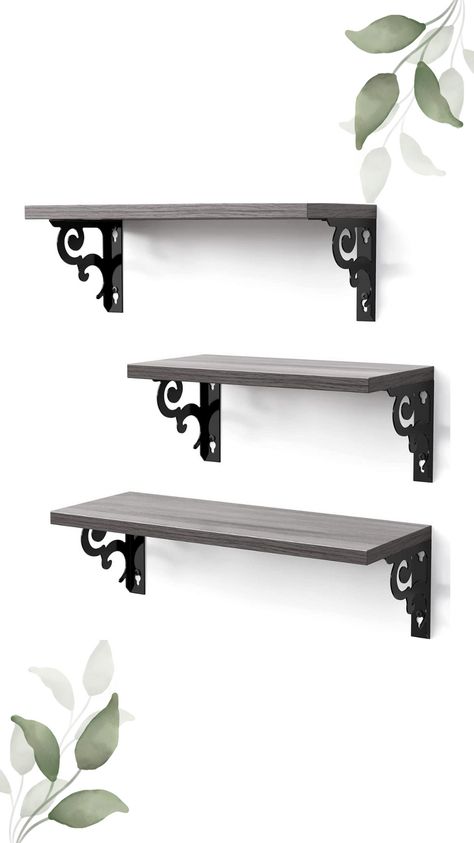 Set of three (3) wood shelves with curled iron legs for decor. All three (3) shelves are the same size. Shelves For Bedroom, Shelves For Wall, Floating Shelves Bathroom, Best Amazon Buys, Grey Wall, 3 Shelves, Living Room Shelves, Room Shelves, Shelves In Bedroom