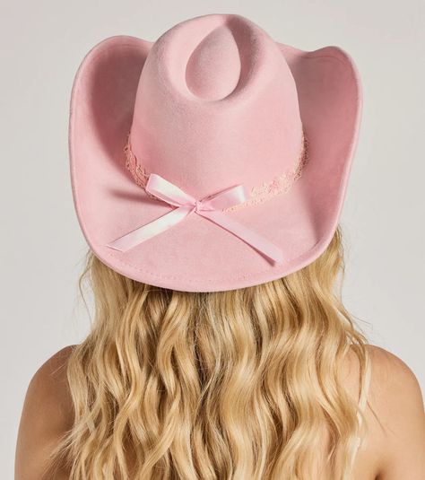 Bring the feminine charm to the countryside in this faux suede cowboy hat perfect for bachelorettes or concerts! The hat features a wide curved brim, a delicate floral lace trim with a satin bow, and inner adjustable strings to get a snug fit. Pink Cowboy Hat, Pink Cowboy, Boots Fit, Country Floral, Barbie Dream House, Cowgirl Hats, Lace Bows, Satin Bow, Suede Material