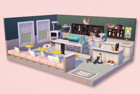 Cat Cafe Layout, Sims 4 Cat Cafe, Sims4 Ideas, Sims4 House, Sims 4 Houses Layout, Sims Memes, Sims Inspiration, Sims 4 Challenges, Building Inspiration