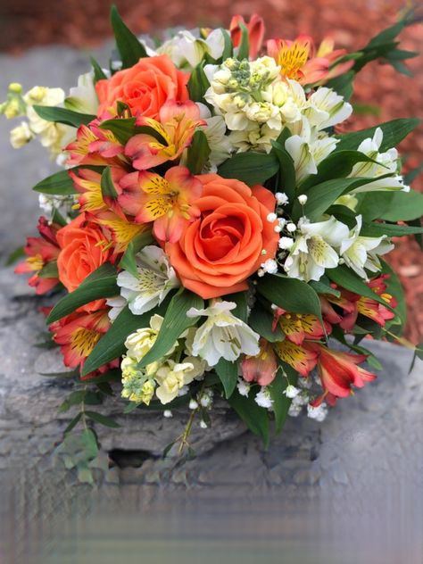 Orange Alstroemeria, Colors Of Roses, Alstroemeria Bouquet, Willow Eucalyptus, Floral Designs Arrangements, Roses Yellow, Orange Bouquets, Summer Wedding Bouquets, Bride Bouquet