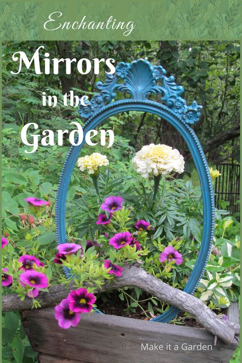 Mirrors in an outdoor setting can have a variety of unique effects. Here are some fun ideas for using mirrors in the garden. #garden decor, #re-purpose, #flea market garden #courtyard garden Garden Objects Ideas, Mirror In The Garden Ideas, Mirrors In Gardens Ideas, Eccentric Garden Ideas, Mirrors In The Garden Ideas, Using Mirrors In The Garden, Mirror Garden Ideas, Mirror In Garden Ideas, Upcycled Garden Decor