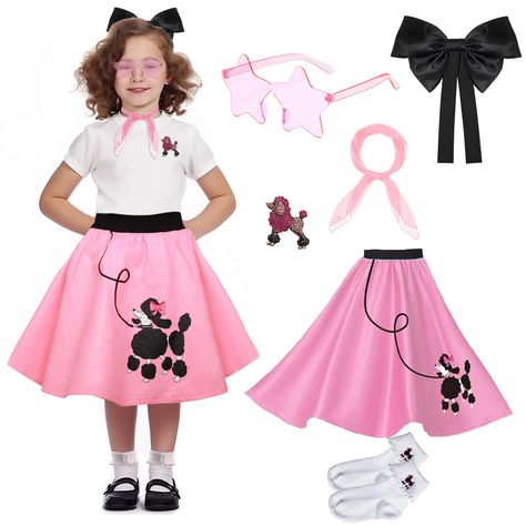 Grease Costumes For Kids, Girls Poodle Skirt, Poodle Skirt Outfit, Grease Costume, 50s Costume, 1950s Girls, Bobby Socks, Outfit For Kids, Baby Costumes Girl