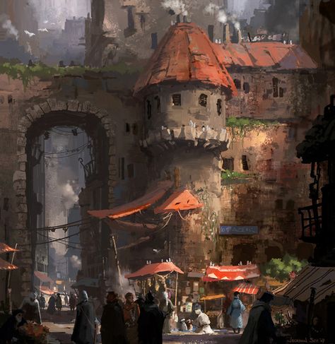 Jackson Sze Concept Art City Inspiration, Concept Art World, Heroic Fantasy, 다크 판타지, Odaiba, Fantasy City, City Market, Fantasy Setting, Fantasy Places