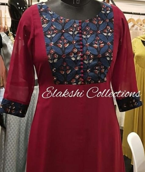 Patch Work Salwar Designs, Patch Kurti Design, Kurti Yoke Designs Latest, Churidhar Tops, Kurti Neckline, Tailoring Ideas, Yoke Embroidery, Latest Kurta Designs, Chudi Neck Designs