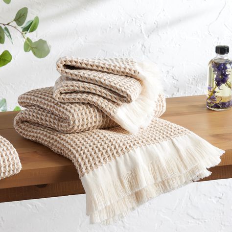 Sand and Ivory Waffle Weave Cotton Towel Collection - World Market Terracotta Walls, Waffle Towels, Sugar Shack, Linen Bath Towels, Hand Towels Bathroom, Cotton Hand Towels, Decorative Towels, Towel Collection, Cotton Bath Towels