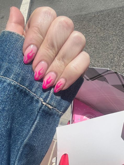 minimalist nail design, with hot pink glitter flames. almond shape nails. fun, flirty, firey and just in time for the summer heat Hot Pink Flame Nails, Nails With Hot Pink, Dinner Nails, Pink Flame Nails, Minimalist Nail Design, Pink Flames, Flame Nails, Hot Pink Glitter, Minimalist Nail