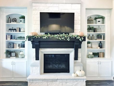 Dark Stained Mantel Color. Fireplace mantel is stained in a dark brown/black color called Ebony by DuraSeal. Limestone fireplace Black Mantle, Painted Fireplace, Diy Fireplace Mantel, White Brick Fireplace, Fireplace Mantel Shelf, Fireplace Shelves, Room Addition, Fireplace Built Ins, Focal Wall